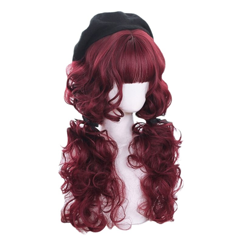 Wine Red Lolita Medium Long Curly Bangs Retro Harajuku Cosplay Wig