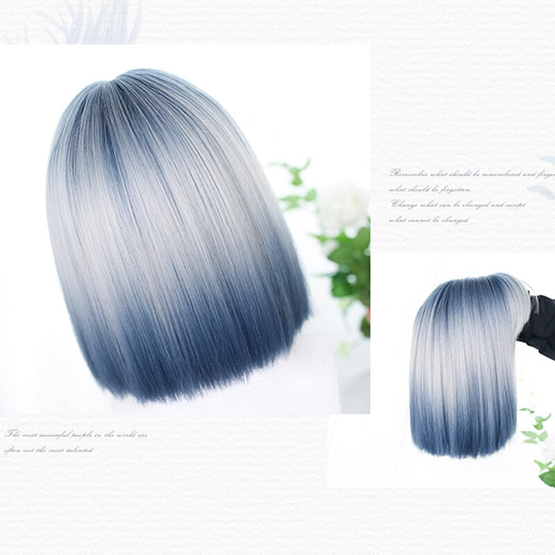 Gradient Blue Lolita For Women Bob wig with Bangs Short Harajuku Cosplay Wig