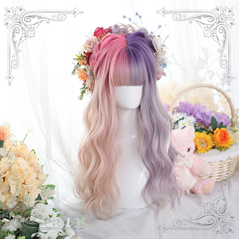 Lolita Pink Mixed Purple Long Curly Cosplay Wigs