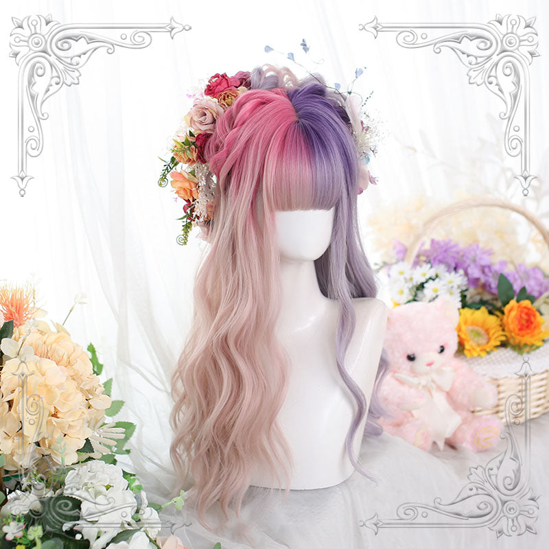 Lolita Pink Mixed Purple Long Curly Cosplay Wigs